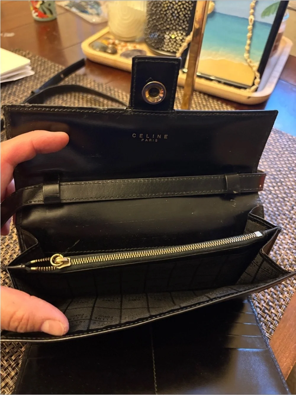 Celine Black Horse Carriage Leather Shoulder Bag with adjustable strap